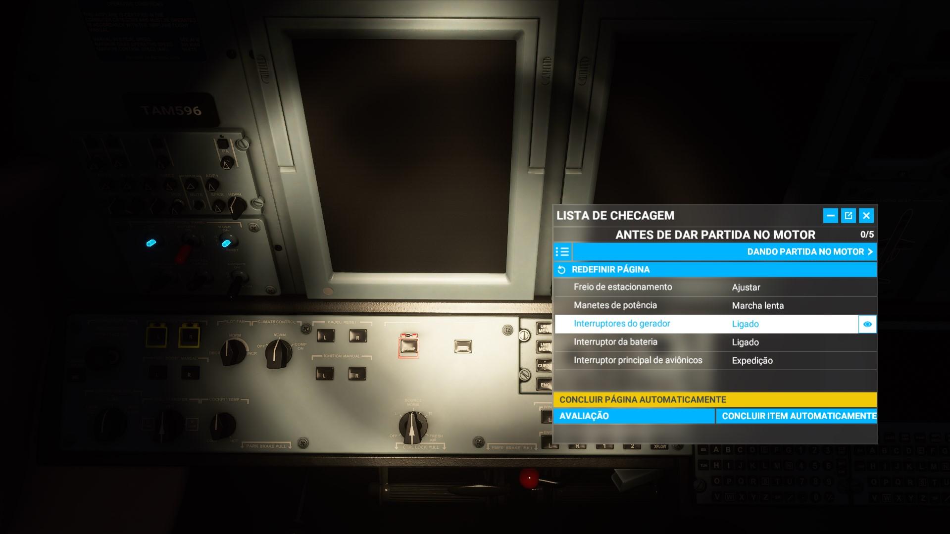 Antes de dar partida no motor flight simulator