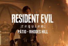 Leon protege Grace no pátio enquanto a busca pela chave do helicóptero culmina no confronto explosivo dentro da igreja.